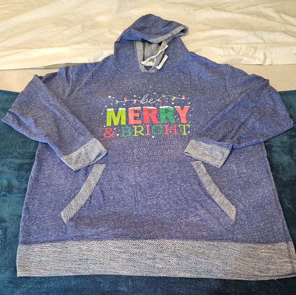 2X NWOT Live&Tell Blue Burnout "Merry&Bright" Sweater W/ Adjustable Hood&Pocket